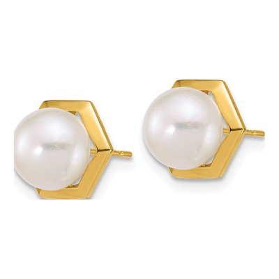 14K Yellow Gold Button Freshwater Cultured Pearl Hexagon Stud Earrings – view 2