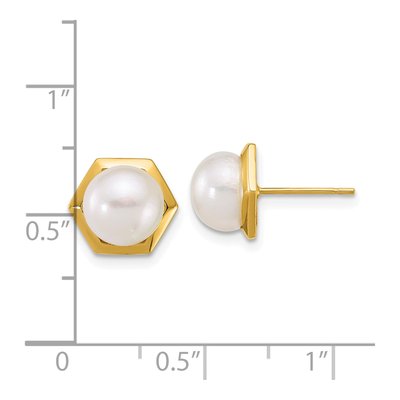 14K Yellow Gold Button Freshwater Cultured Pearl Hexagon Stud Earrings – view 3