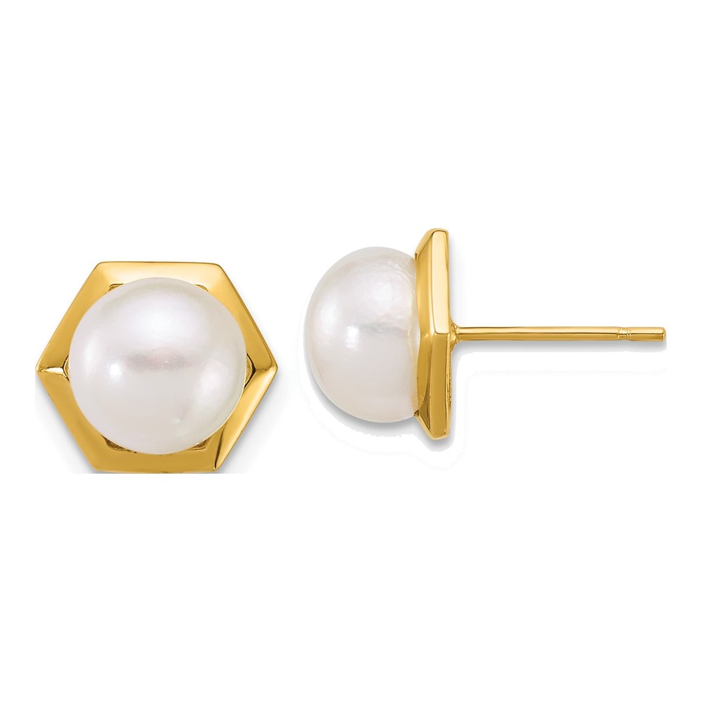 14K Polished 7-8mm Button White Freshwater Cultured Pearl Hexagon Post Earrings
