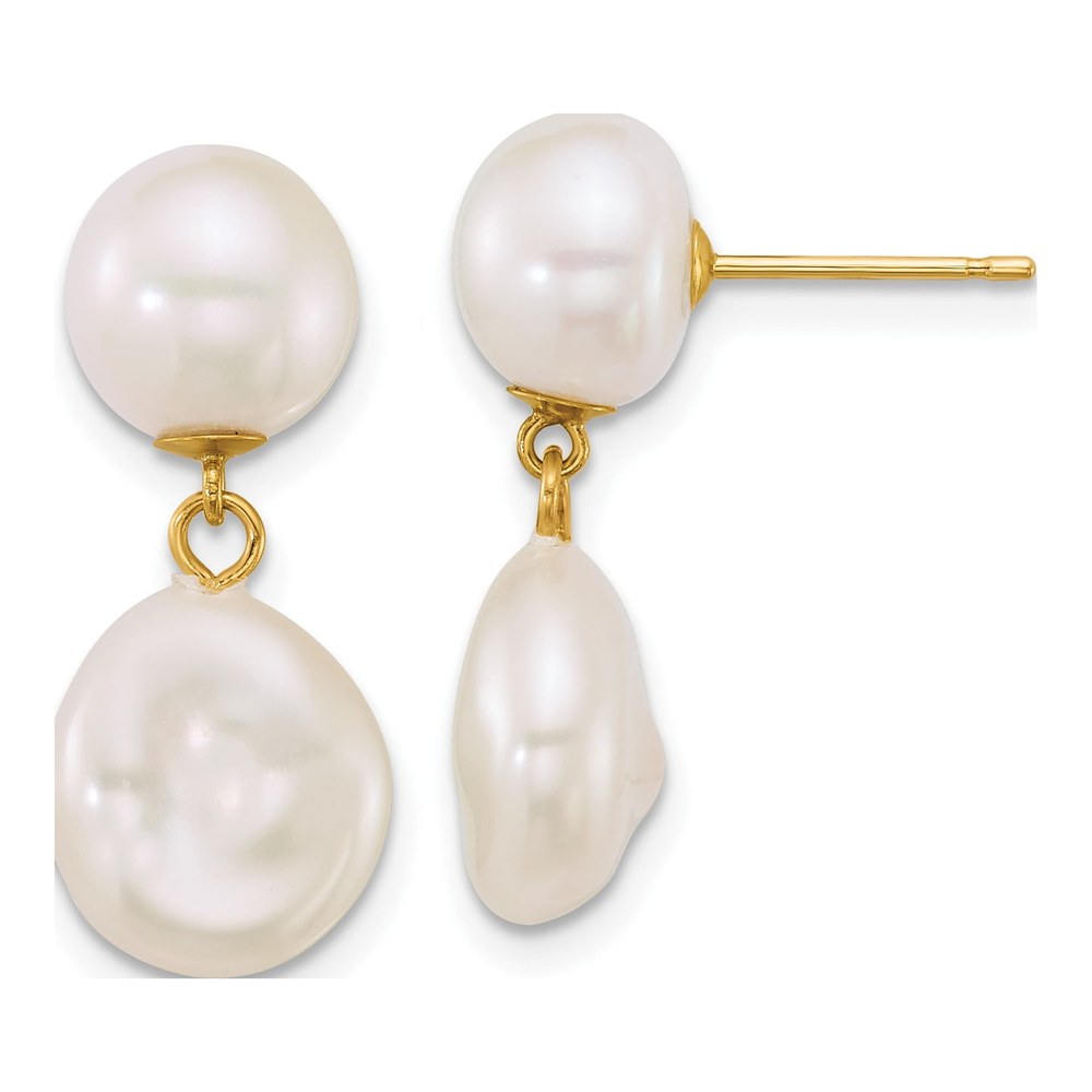 14K Polished 7-10mm Button And Baroque White Freshwater Cultured Pearl Dangle Post Earrings