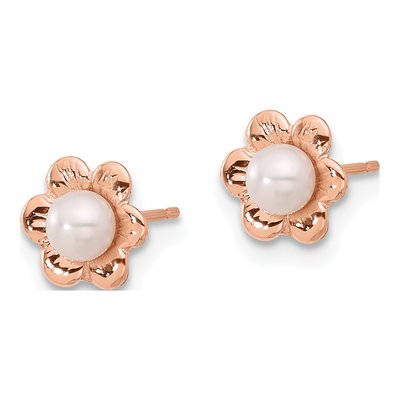 14K Rose Gold Button Freshwater Cultured Pearl Flower Stud Earrings – view 2