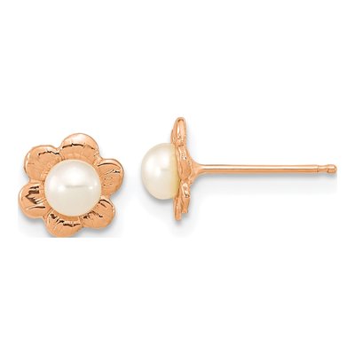 14K Rose Gold Button Freshwater Cultured Pearl Flower Stud Earrings