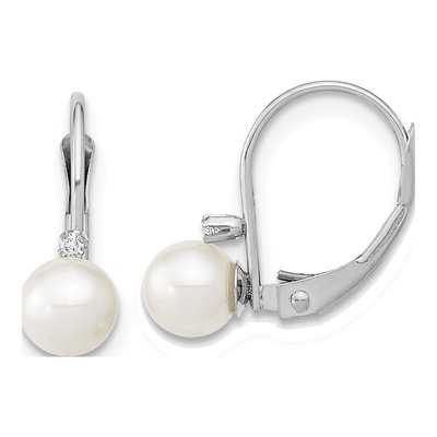 14K White Gold Freshwater Cultured Pearl & Diamond Round Leverback Earrings
