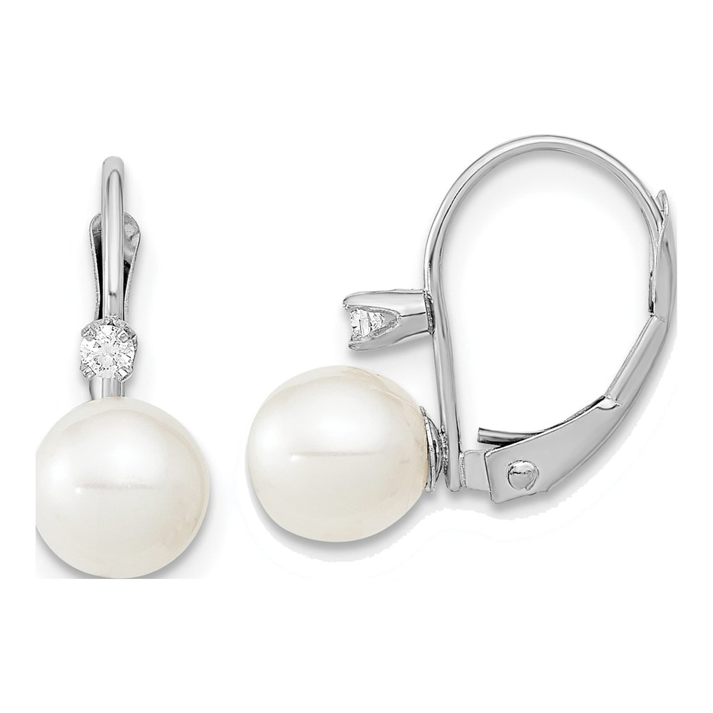 14k White Gold Pearl & Diamond Leverback Earrings