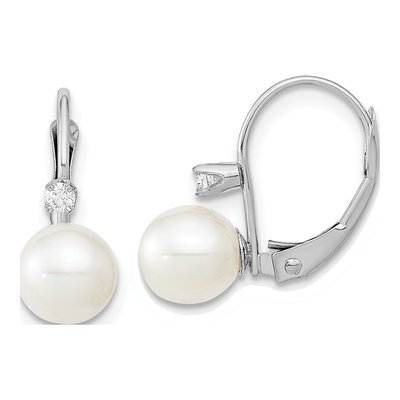 14K White Gold 1/20 ct tw Freshwater Cultured Pearl & Diamond Leverback Earrings