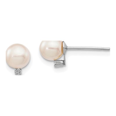 14K White Gold Akoya Cultured Pearl & Diamond Round Stud Earrings