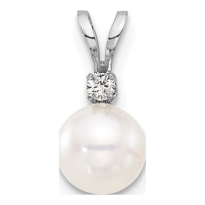 14K White Gold Akoya Cultured Pearl & Diamond Round Pendant