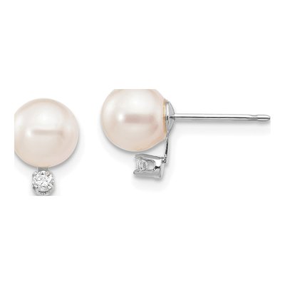 14K White Gold 1/20 ct tw Round Akoya Cultured Pearl & Diamond Stud Earrings
