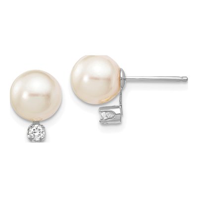 14K White Gold 1/10 ct tw Round Akoya Cultured Pearl & Diamond Stud Earrings