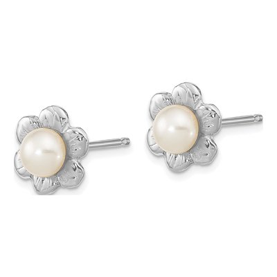 14K White Gold Button Freshwater Cultured Pearl Flower Stud Earrings – view 2