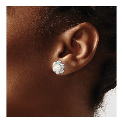 14K White Gold Button Freshwater Cultured Pearl Flower Stud Earrings – view 3
