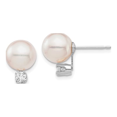 14K White Gold 1/5 ct tw Akoya Cultured Pearl & Diamond Round Stud Earrings