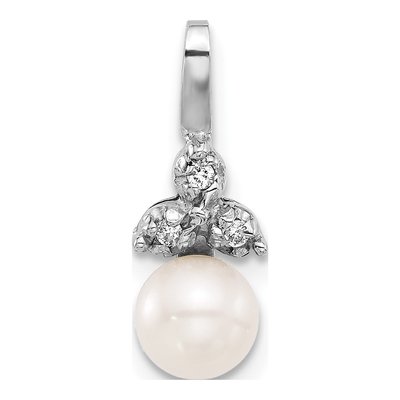 14K White Gold Freshwater Cultured Pearl & Diamond Round 03Ct Dia Pendant