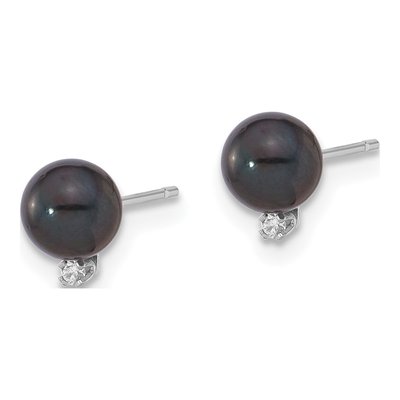 14K White Gold Round Black Akoya Cultured Pearl & Diamond Stud Earrings – view 2