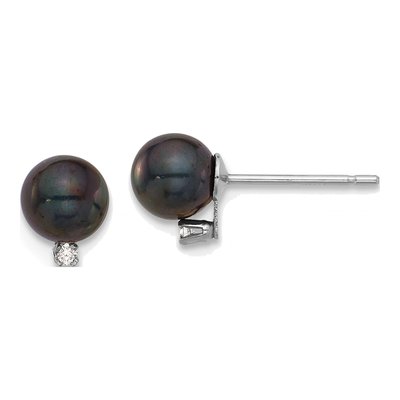 14K White Gold Round Black Akoya Cultured Pearl & Diamond Stud Earrings