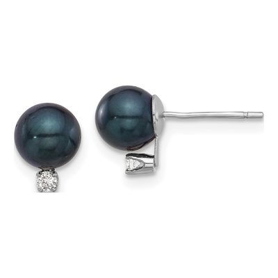 14K White Gold 1/20 ct tw Round Black Akoya Cultured Pearl & Diamond Stud Earrings