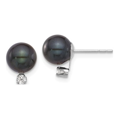 14K White Gold 1/10 ct tw Round Black Akoya Cultured Pearl & Diamond Stud Earrings