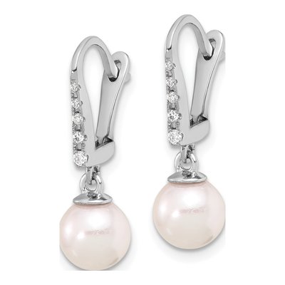 14K White Gold 6-7mm Rnd Wht Akoya Pearl And .085Ct Dia Dangle Earrings – view 2