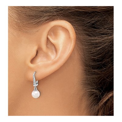 14K White Gold 6-7mm Rnd Wht Akoya Pearl And .085Ct Dia Dangle Earrings – view 3