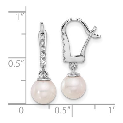 14K White Gold 6-7mm Rnd Wht Akoya Pearl And .085Ct Dia Dangle Earrings – view 4