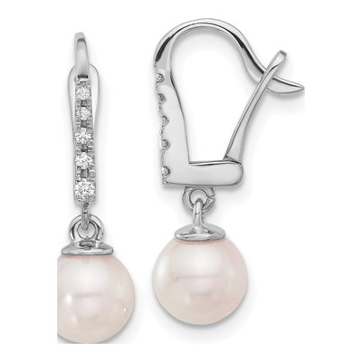 14K White Gold 6-7mm Rnd Wht Akoya Pearl And .085Ct Dia Dangle Earrings