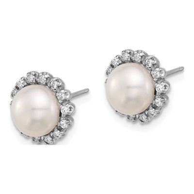 14K White Gold 0.28 ct tw Button Freshwater Cultured Pearl & Diamond Halo Stud Earrings – view 2