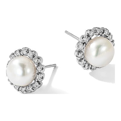 14K White Gold 0.28 ct tw Button Freshwater Cultured Pearl & Diamond Halo Stud Earrings – view 5