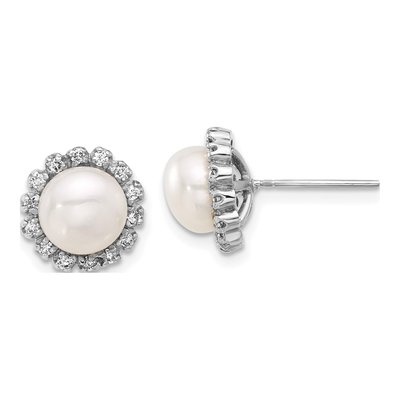 14K White Gold 0.28 ct tw Button Freshwater Cultured Pearl & Diamond Halo Stud Earrings