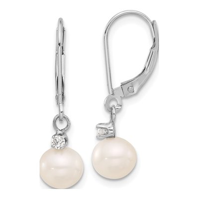 14K White Gold 1/10 ct tw Freshwater Cultured Pearl & Diamond Leverback Earrings