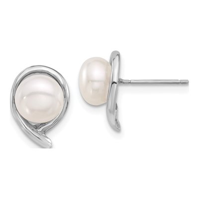 14K White Gold Freshwater Cultured Pearl Button Stud Earrings