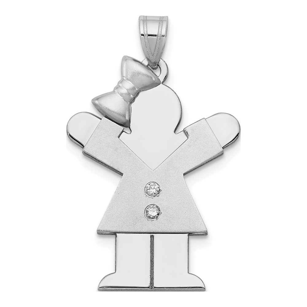 14K White Gold Rhodium-Plated The Kids Medium Girl With Bow On Left Aa 0.015ct Diamond Love Charm Pendant