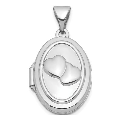 14K White Gold Double Hearts Oval Locket