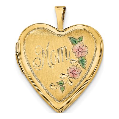 14K Yellow Gold Pink Green Enamel MOM Heart Locket
