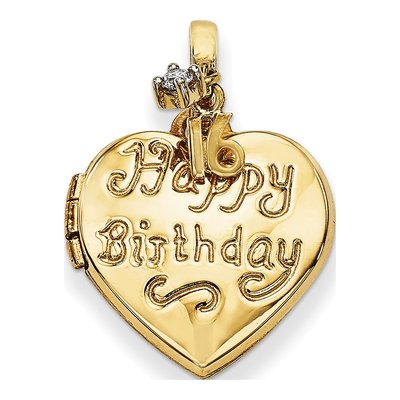 14K Yellow Gold CZ Happy 16th Birthday Heart Locket