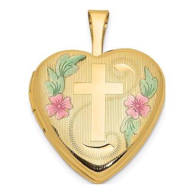14K Yellow Gold Pink Green Enamel Heart Locket
