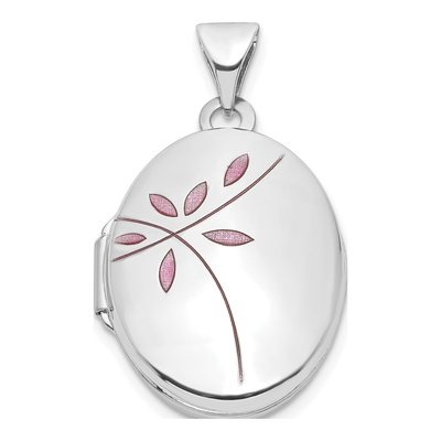 14K White Gold Pink Enamel Leaves Oval Locket