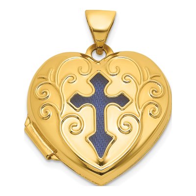 14K Yellow Gold Scrolled Heart Cross Locket