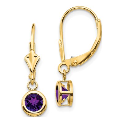 14K Yellow Gold Amethyst Bezel Leverback Earrings