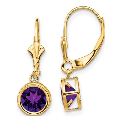 14K Yellow Gold Amethyst Round Bezel Leverback Earrings