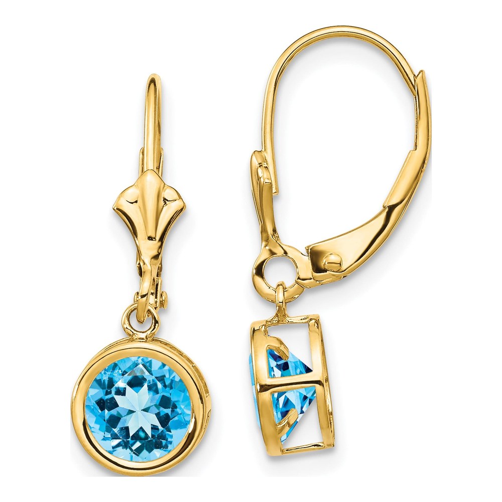 14K Yellow Gold Blue Topaz Bezel Leverback Earrings