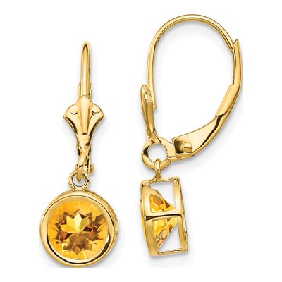 14K Yellow Gold Citrine Round Bezel Leverback Earrings