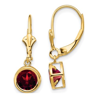 14K Yellow Gold Garnet Round Bezel Leverback Earrings