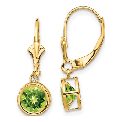14K Yellow Gold Peridot Round Bezel Leverback Earrings