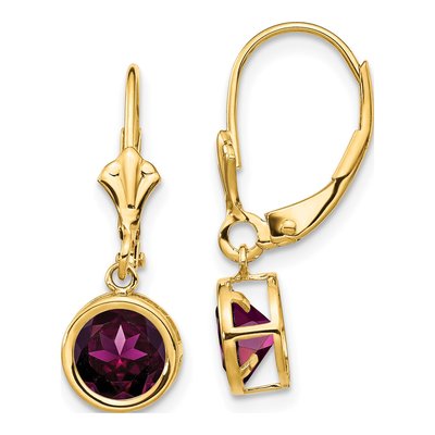 14K Yellow Gold Rhodolite Garnet Bezel Leverback Earrings
