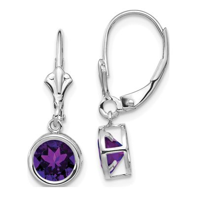 14K White Gold Amethyst Round Bezel Leverback Earrings