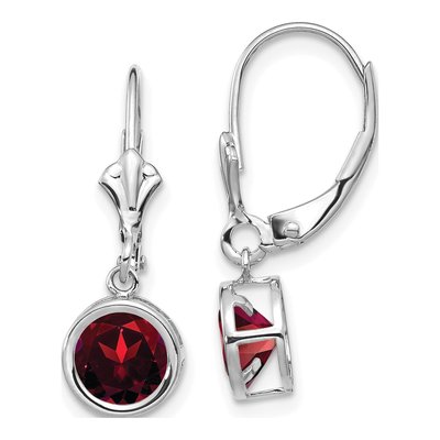 14K White Gold Garnet Round Leverback Earrings