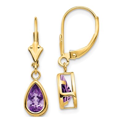 14K Yellow Gold Amethyst Pear Leverback Earrings