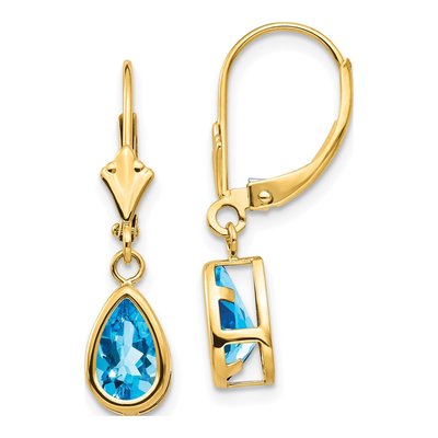 14K Yellow Gold Swiss Blue Topaz Pear Leverback Earrings