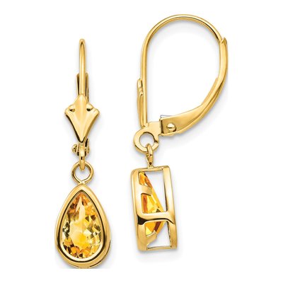 14K Yellow Gold Citrine Pear Leverback Earrings