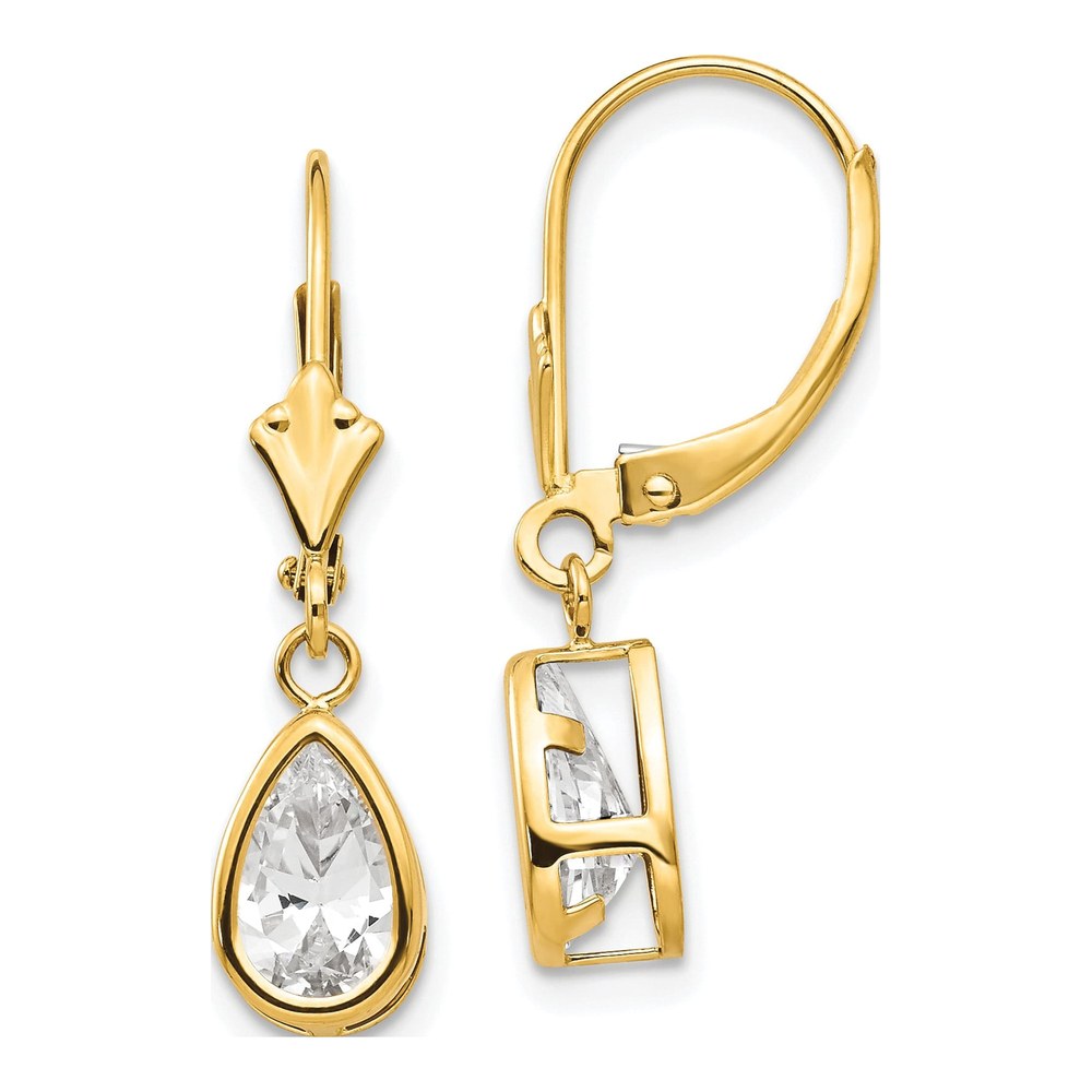 14K Yellow Gold Pear CZ Bezel Leverback Earrings